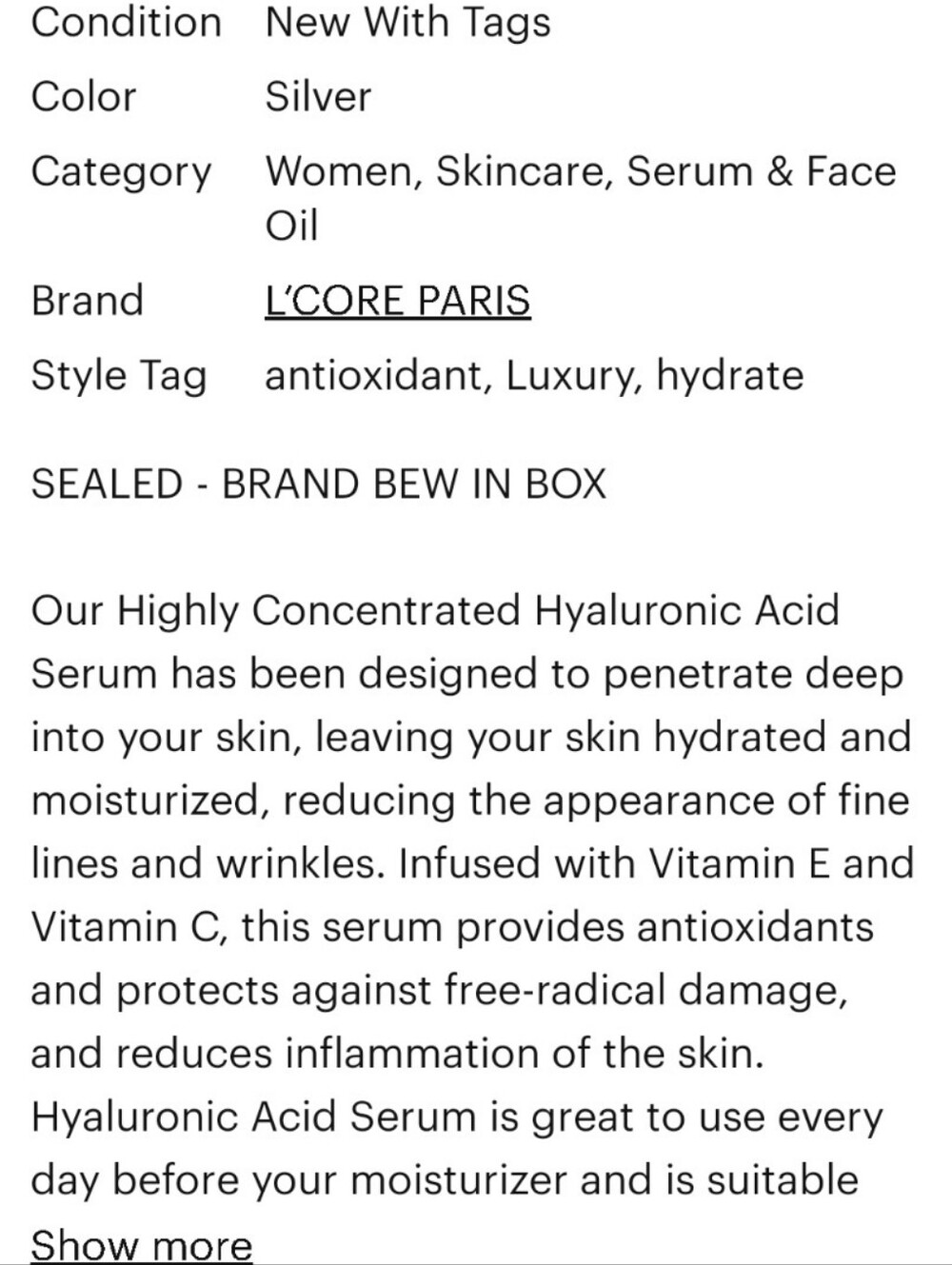 L'CORE Spa Collection Hyaluronic Acid Serum With Vitamin C & E NIB NEW - Picture 9 of 9